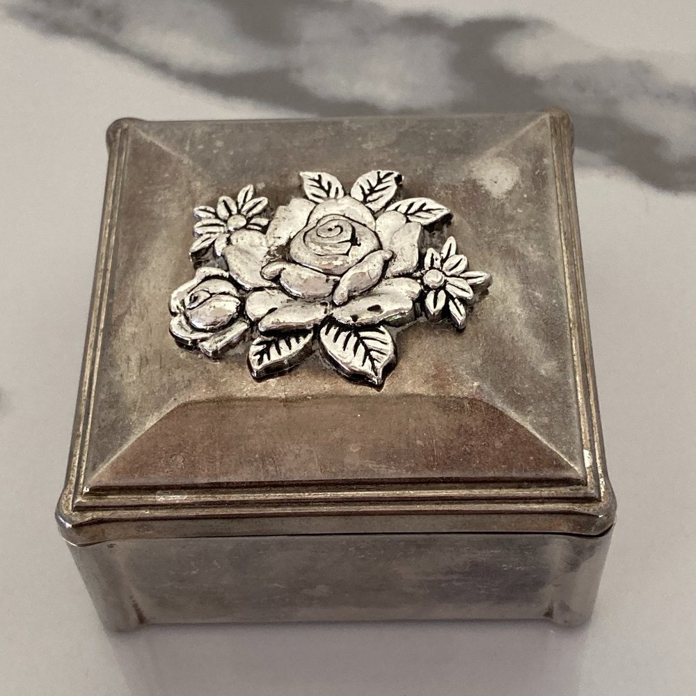 Vintage Trinket Box Rose - Aged with Patinaed Silver - Square Box Raised Roses